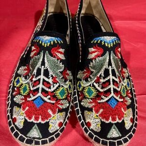 Johnny Was Boho Floral Embroidered Catopsia Jute Trimmed Slip On Espadrille Shoe